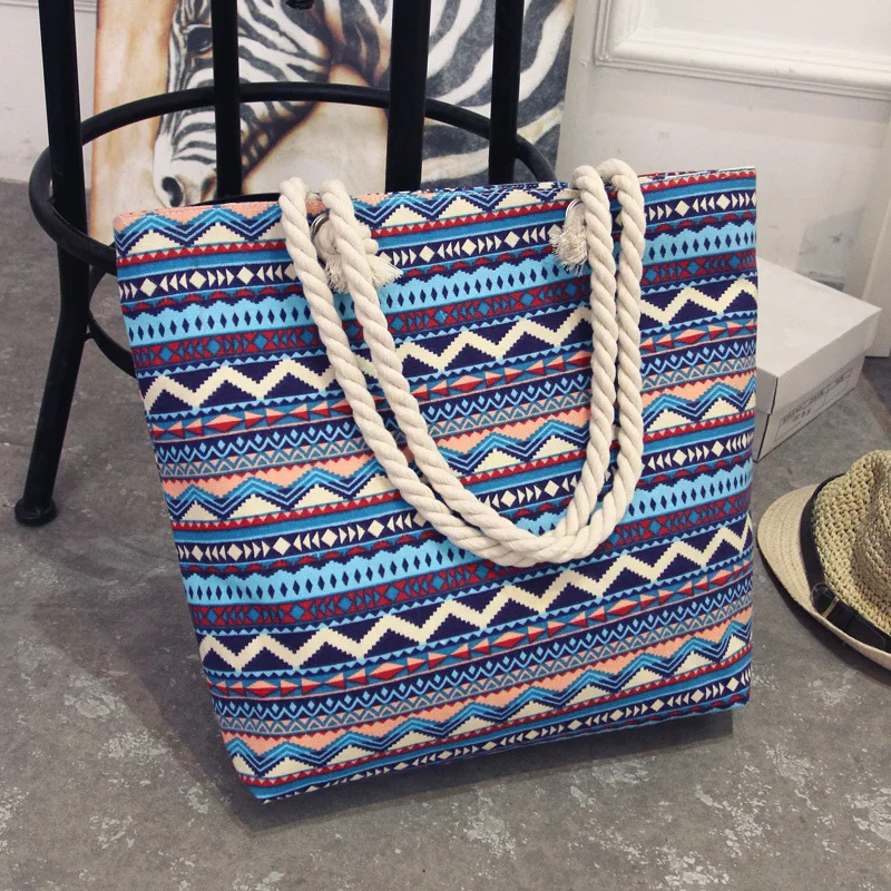 

2019 New Summer Women Canvas bohemian style striped Shoulder Beach Bag Female Casual Tote Shopping Big Bag floral Messenger Bags