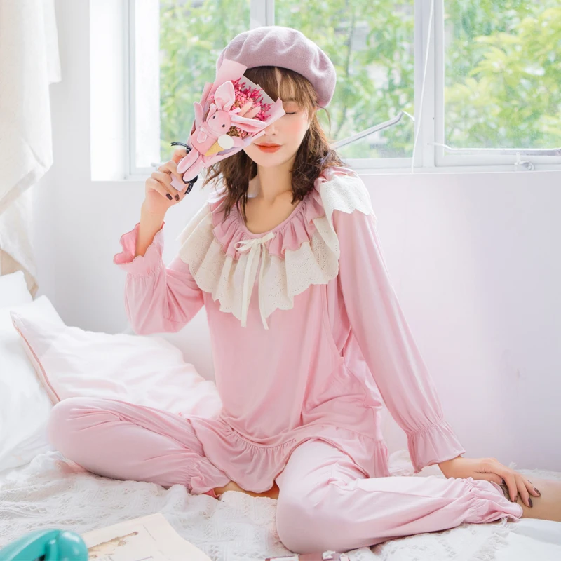 Maternity Nightwear For Nursing Pajamas Spring Autumn Korean Modal Breastfeeding Sleepwear Loose Soft Pregnancy Clothes Set A316