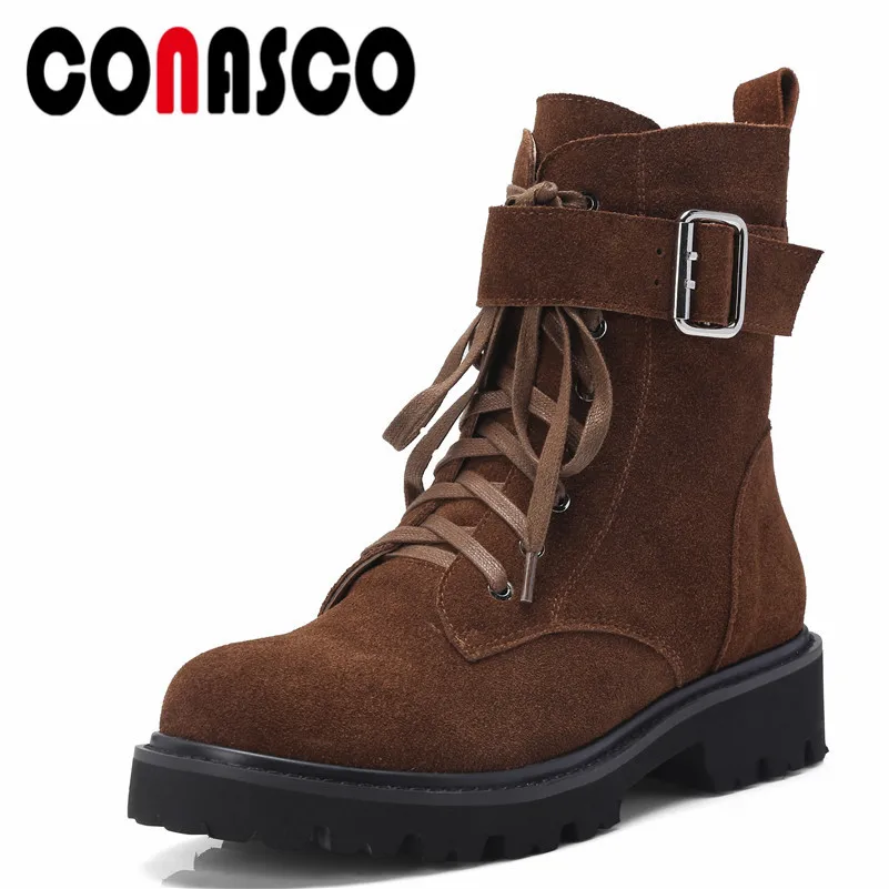 

CONASCO 1Fashion Women Ankle Boots Cow Suede Round Toe Motorcycle Boots Autumn Winter Warm Buckle Decoration Shoes Woman Pumps