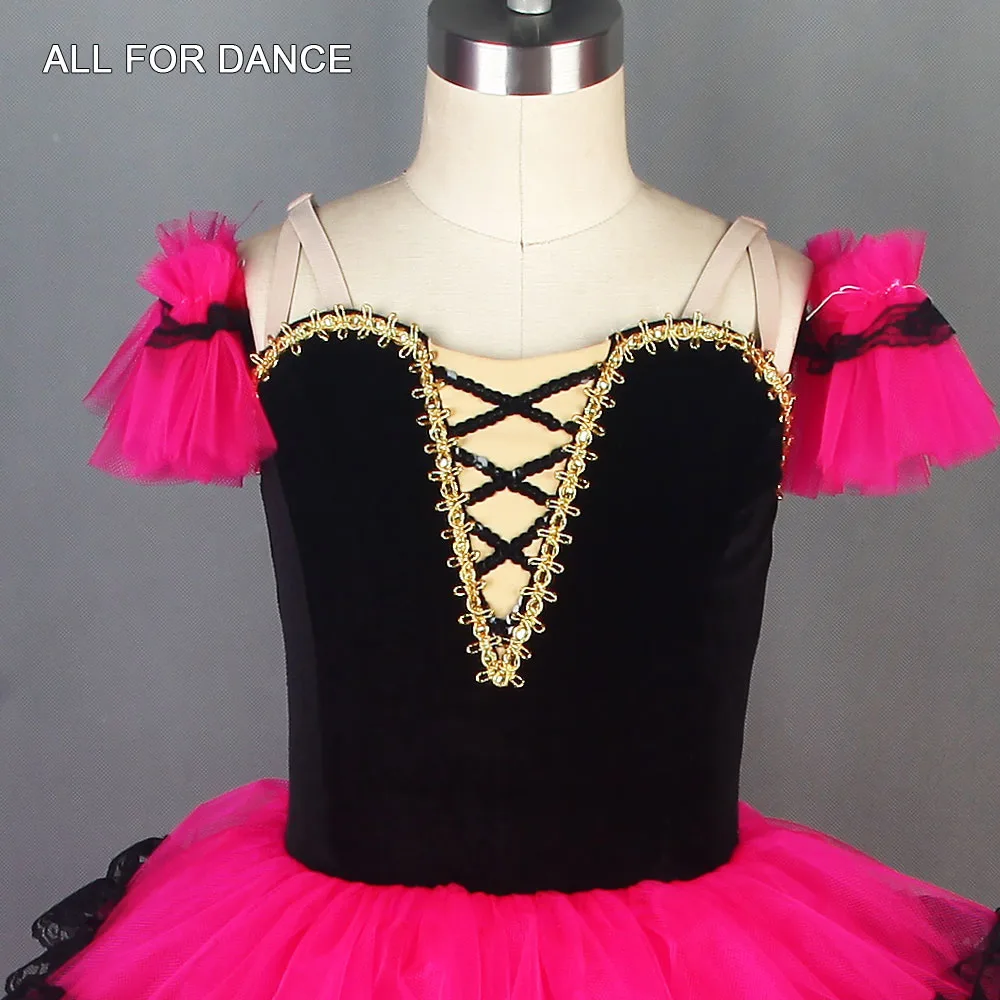 Испанский долго балетная пачка черный бархат черный корсет красная роза тюль костюм для балета, танцев пачка танцевальные костюмы балерины
