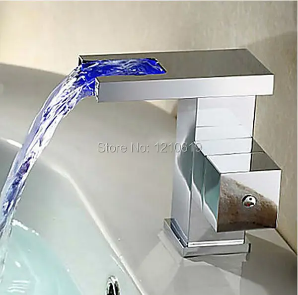 

Newly US Free Shipping Modern Chrome Finish LED Color Changing Bathroom Waterfall Sink Basin Faucet Single Handle Deck Mounted