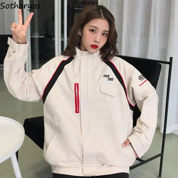 

Jackets Women Stand Collar Thicker Zipper Leisure Letter Printed Pockets Harajuku Jacket Womens Loose Korean Style Student Coats