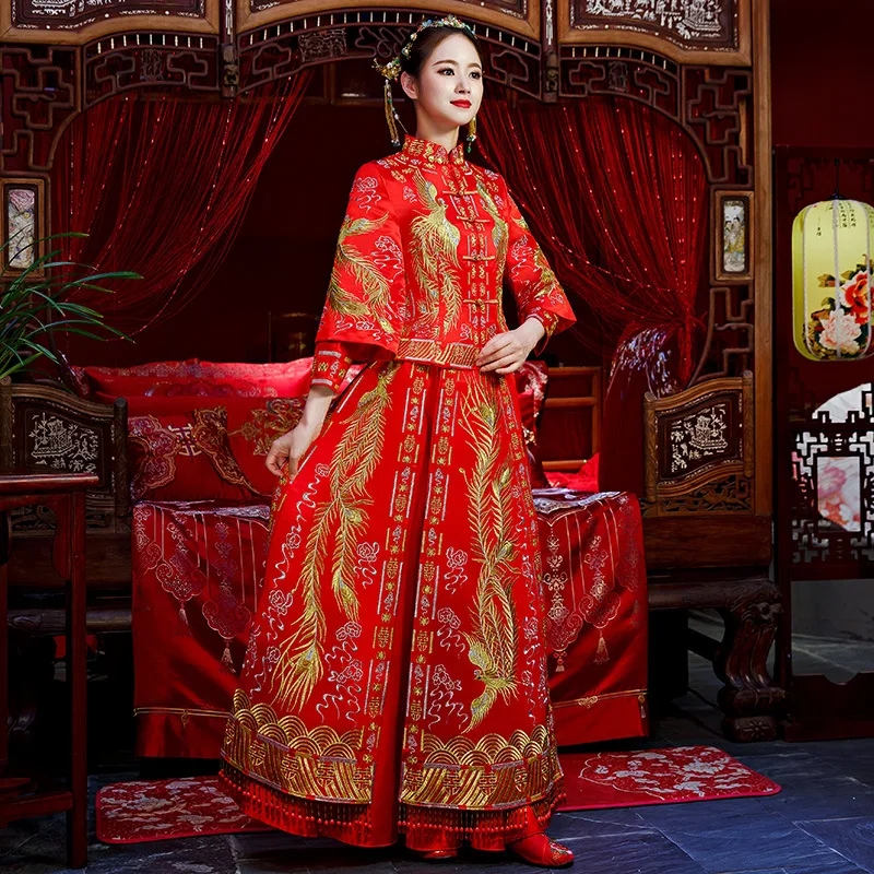 Высокое качество Традиционный китайский красный свадебное платье долго Cheongsam ручной вышивки Qipao Платье Ретро Халат Размеры 3XL