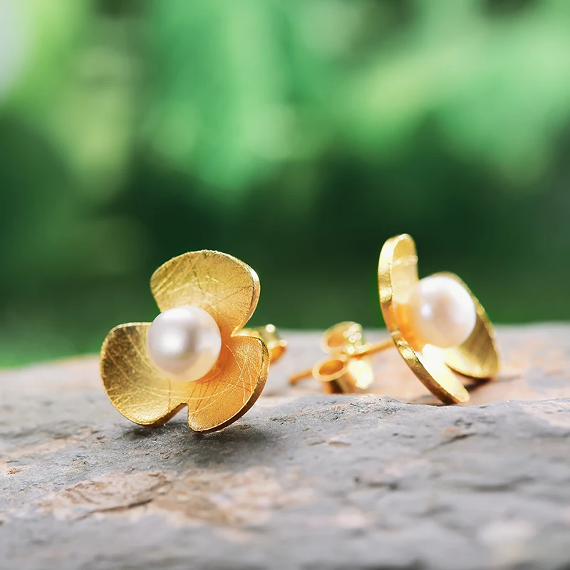Lotus Fun 100% Real 925 Sterling Silver Earrings for Women Freshwater Pearl Flower Stud Earring silver 925 earing for girl