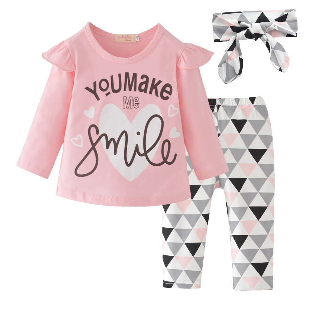 Комплект одежды для новорожденных девочек, розовая футболка с длинными рукавами с оборками и надписью топы, штаны с геометрическим рисунком повязка на голову, одежда для девочек, комплект из 3 предметов