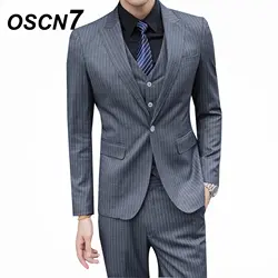 OSCN7 серый полосатый мужские 3 шт. костюмы плюс Размеры Повседневное Бизнес торжественное платье костюм Свадебная мода Terno Masculino 6144