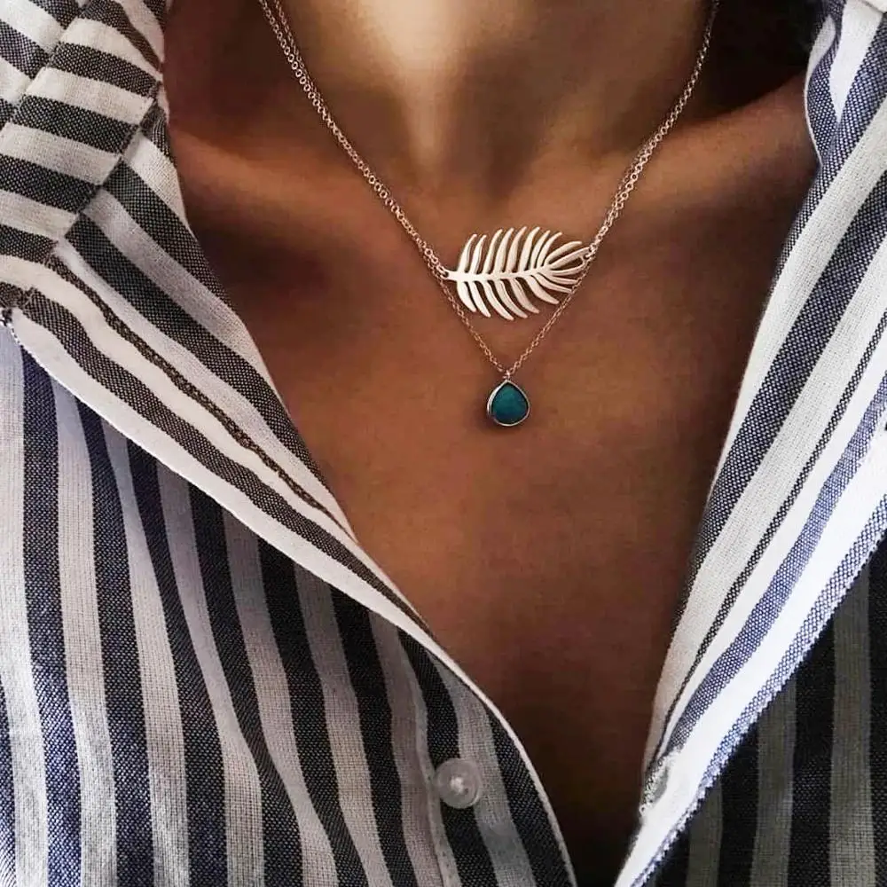 

2019 New Hot Fashion Pop Jewelry Leaves Two-layer Multi-layer Female Necklace Gift Wholesale Bohemian Necklaces & Pendants