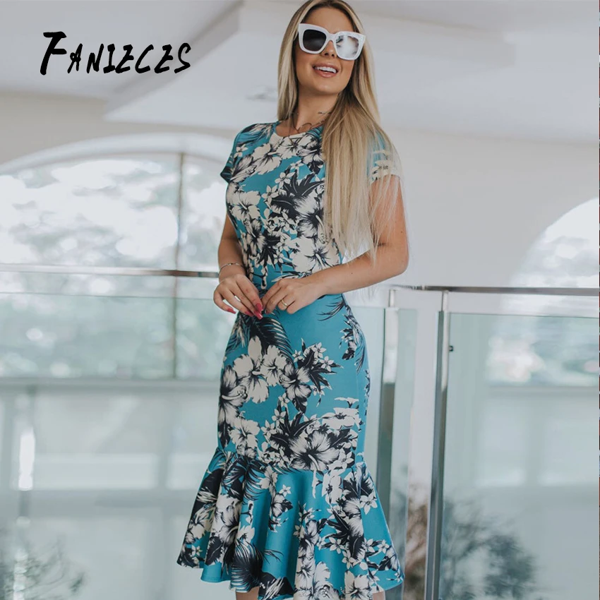 

women dress new fashion korean runway summer elegant bodycon office work sexy formal party print mermaid midi dresses vestidos