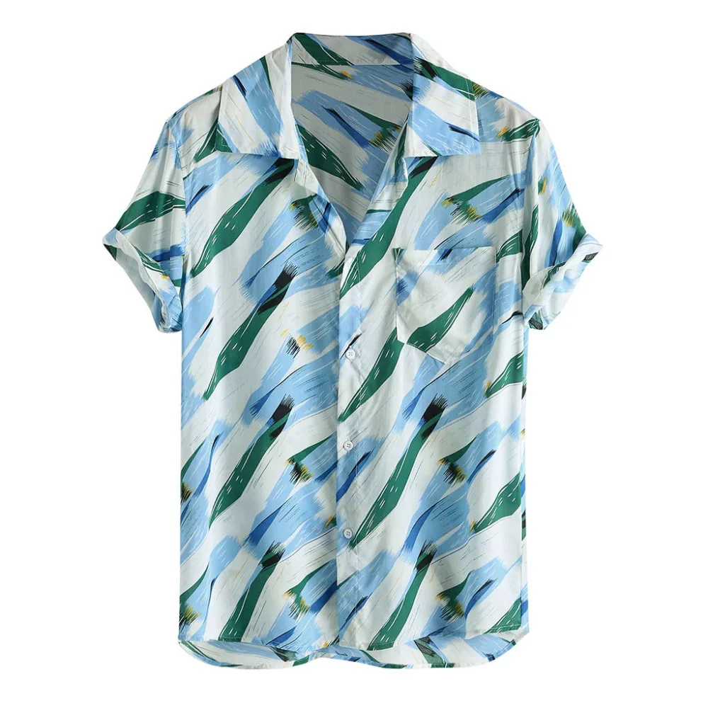 2019 men's casual vacation T-shirt printed button comfortable plus size shirt men short sleeve breathable top shirt luxury 40J6 (2)