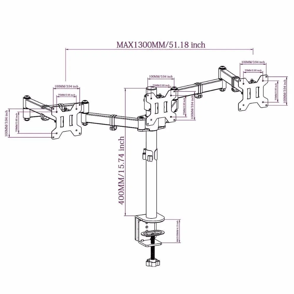 Fully Adjustable Triple Arm Three LCD LED Monitor
