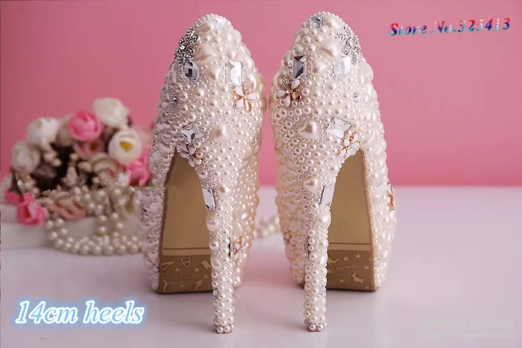 Свадебные туфли с бежевым жемчугом; очень высокий каблук; обувь ручной работы со стразами для невесты; вечерние модельные туфли-лодочки; женская обувь на платформе