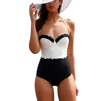 

Women's black and white patchwork jumpsuit Sexy Halter One Piece swimsuit Beachwear Sexy backless fashion Swimwear 40ag29