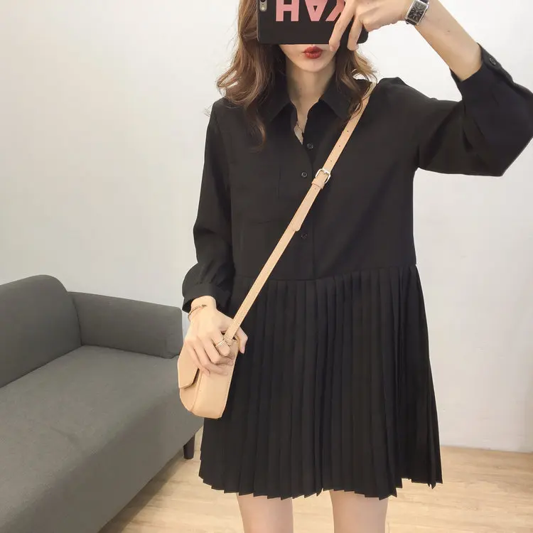 

Daily Apparel Female Long Sleeve Dress 2019 Spring Fashion Casual Turn Down Collar Solid Pleated Mini Chiffon Dress for Women
