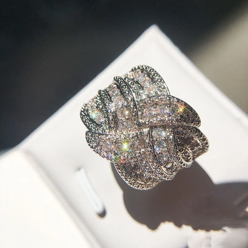 Роскошные Большие 925 пробы серебряные кольца с циркониевый камень CZ для женщин модные переплетенные обмотки Свадебные обручальные кольца