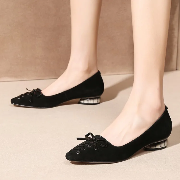 

Big Size 9 10 11 12 ladies high heels women shoes woman pumps Tie-tied bow-tipped shallow thick-heeled single shoes