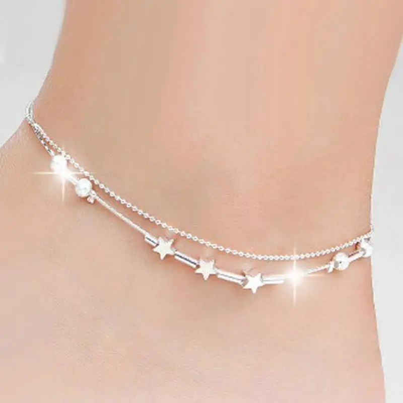 Double Beads Star Anklet 925 Silver Color Charms Ankle Bracelet Halhal