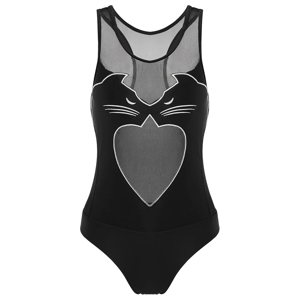 2018 Women U Neck Swimsuit One Piece Black Cat Swimwear See Through