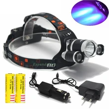 Super Bright Ultraviolet 6000 Lumen T6+2R5 UV LED Headlight Headlamp Flashlight Head Lamp +2*18650 Battery + AC/Car Charger