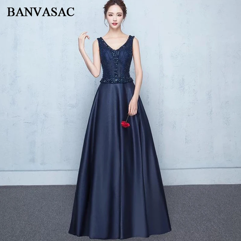 

BANVASAC A Line Luxury Crystal V Neck Sequined Sash Long Evening Dresses 2018 Lace Party Open Back Prom Gowns