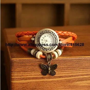 Новая мода бабочка натуральная кожаный ремешок для часов винтажные часы платье браслет часы для женщин девочек 9 цветов 100 шт/партия