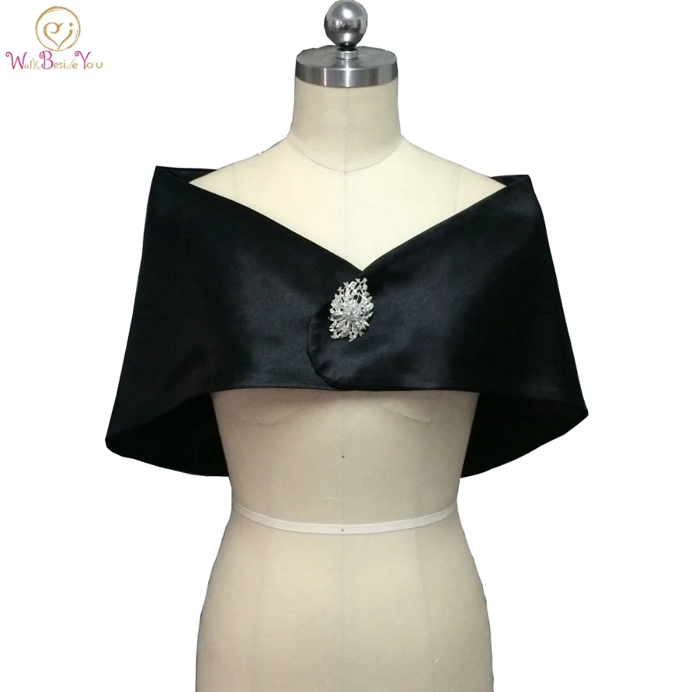 Walk Beside You Black Bolero Women Cape Elastic Satin Wedding Wrap Evening Party Shrug with Brooch Bridal Jacket Customize Size