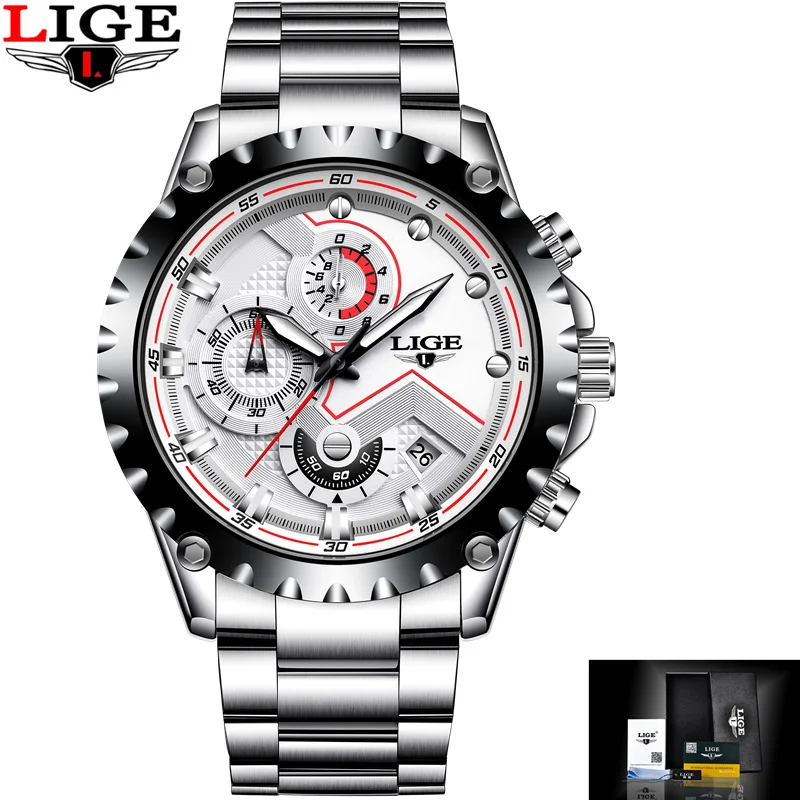 LIGE часы для мужчин s лучший бренд класса люкс нержавеющая сталь водонепроницаемые кварцевые часы мужские модные спортивные мужские часы Relogio Masculino - Цвет: steel white