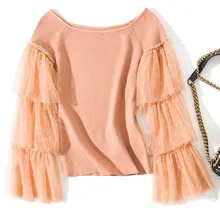 Solid mesh patchwork elastic knit sweater shirts 2018 new flare sleeve slash neck women autumn short sweater Solid mesh patchwork elastic knit sweater shirts 2018 new flare sleeve slash neck women autumn short sweater