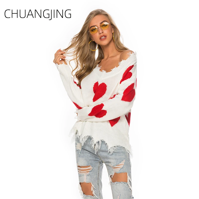 

Autumn Winter Sexy Knitted Pullover Sweater Women White V-neck Long Sleeve Plus Size Sweater Female Casual Streetwear Sweater