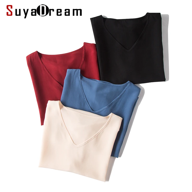 

Women T shirt 100%REAL SILK Solid V Neck T Shirt Short Bat Sleeved Casual Shirts 2019 Summer Fall Bottomming Top