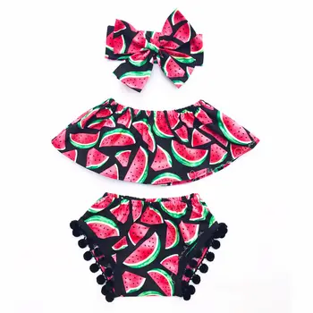 

Baby Girls Clothes Watermelon Set Children Toddler Ruffled Collar Tops +Pants Bloomer+Headband 3pcs Kids Clothes Outfits Set