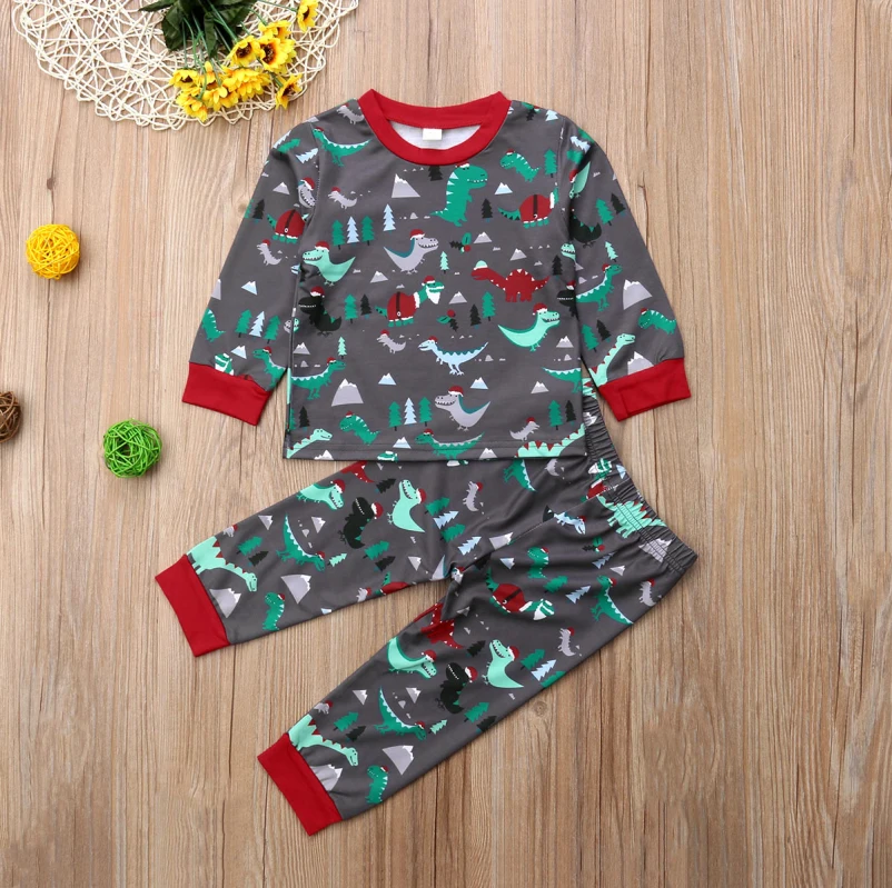 Рождественский Малыш для маленьких девочек мальчиков Рождество динозавров топы с длинными штанами пижамы От 1 до 6 лет