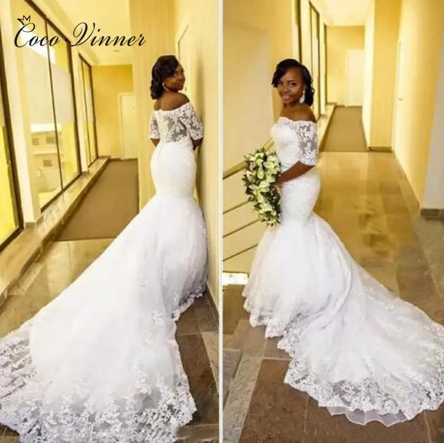 

Off Shoulder Long Train Africa mermaid wedding dresses 2019 Lace Up Plus Size bride dress pure white Lace wedding gown W0396
