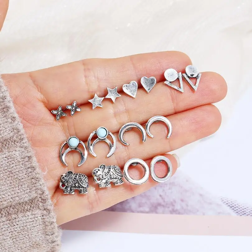 

8pcs/Set Bohemian Round Heart Elephant Star Crescent Geometric Earrings For Women Fashion Jewelry Statement Pendientes AE972