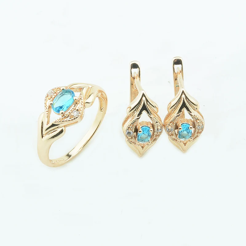 

Fashion Jewelry Women Ladies Blue Stone Cubic Zircon Jewelry Set Fashion Flowers Shaped 585 Gold Color Earring+Ring Sets