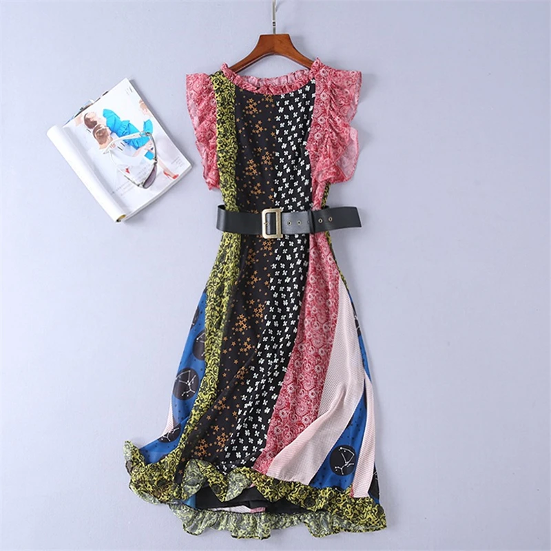 

Summer Dress Newest Fashion 2018 Designer Runway Women's Ruffled Neck Butterfly Sleeve Print Patchwork Long Dress