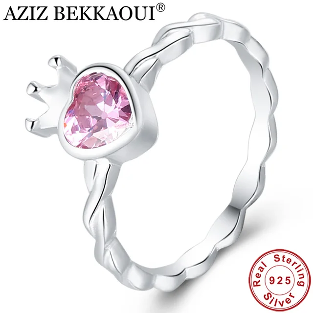 AZIZ BEKKAOUI Real 925 Sterling Silver Pink Heart Rings for Women Sweet Silver Crown Rings for Girl Engagement Jewelry Gift