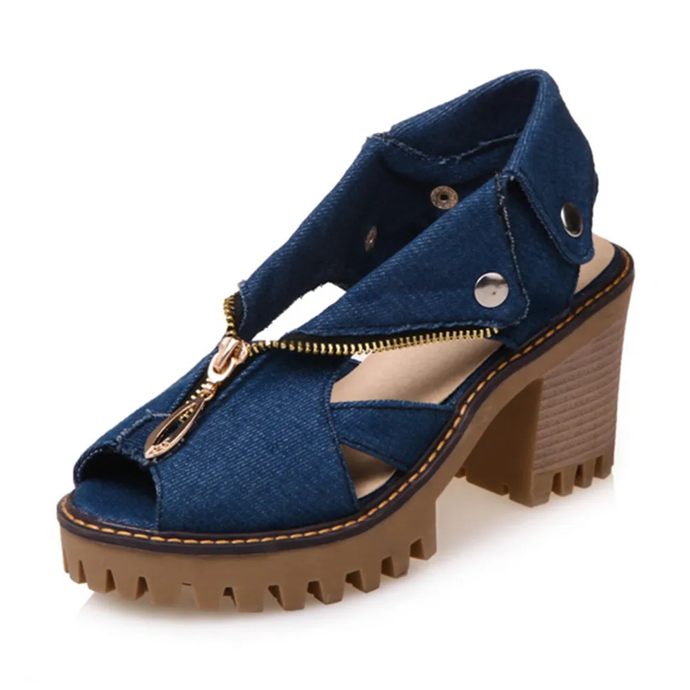 

2019 Fashion 34-43 Zipper Decorate Summer Sandals Women Platform Denim Shoes High Wide Heels Beach Women Shoes Woman