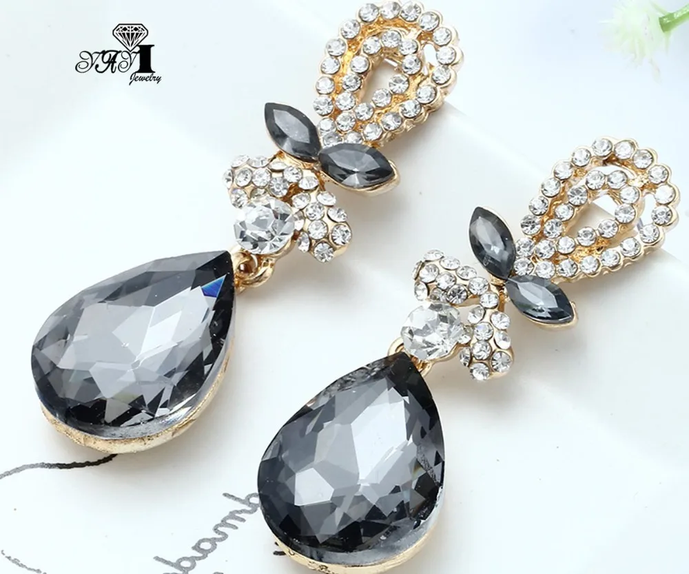 

YaYi Jewelry New Black Glass Rhinestone Dangle Crystal Earring Women's Fashion Ancient Gold Color Gem Earrings Gift 1196
