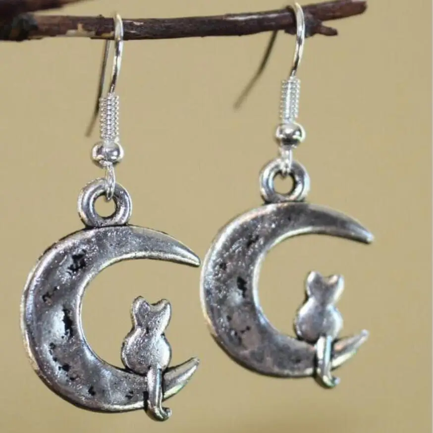

Vintage Design Silver Bijoux Cat Cresent Moon Drop Earrings For Women Fashion Jewelry Dangle Earrings Statement Earrings Girls