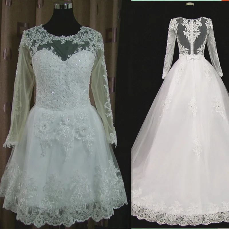 Vestido De Noiva короткое платье или 2 em 1 свадебное платье с длинными рукавами кружевные иллюзионные свадебные платья - Цвет: Skin two pieces