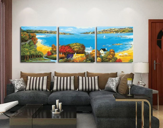 

3 Pcs Frameless Hand Painted Large Blue Sea Beach Picture On Canvas Oil Painting By Numbers Home Decor Coloring by Numbers