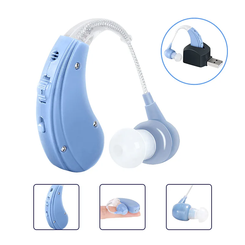 Cofoe Wireless BTE Hearing Aid Rechargeable Sound Amplifier Earphone for Old People Hearing Loss Hard Hearing Skin Blue Color