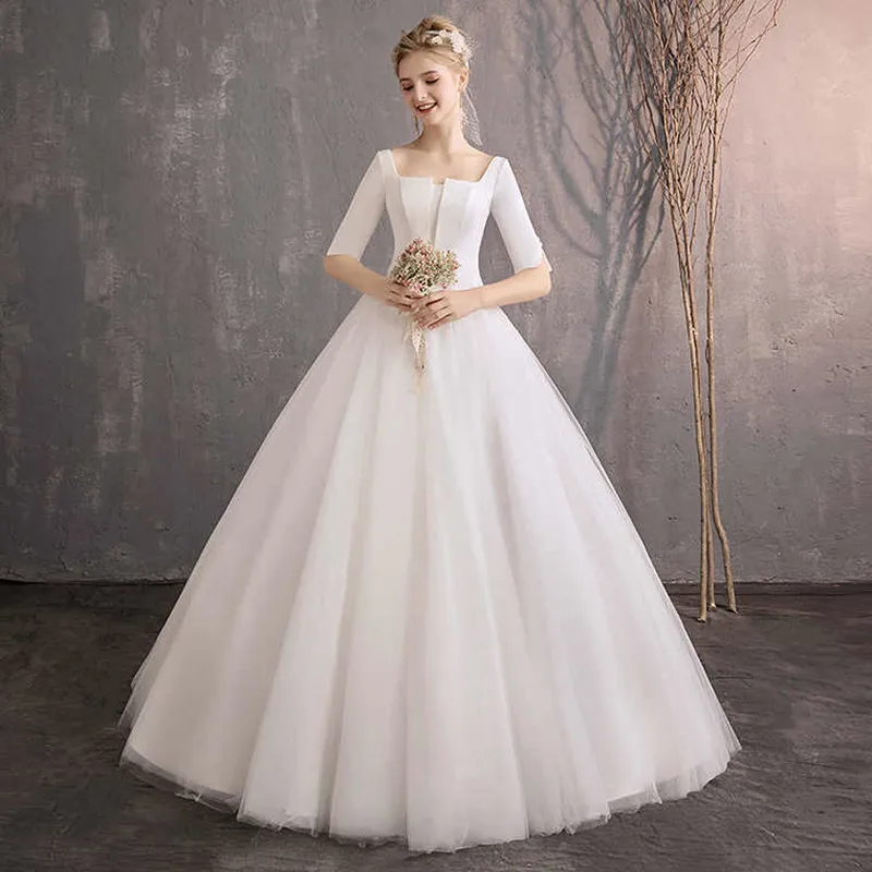

Holievery Bateau Neck Satin Beach Wedding Dresses 2019 Half Sleeves Floor Length Wedding Gowns Vestidos De Novia
