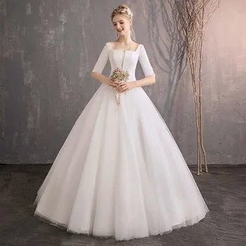 

Holievery Bateau Neck Satin Beach Wedding Dresses 2019 Half Sleeves Floor Length Wedding Gowns Vestidos De Novia