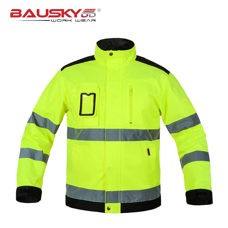 Bauskydd-Chaqueta de trabajo hi vis para hombre, abrigo reflectante de seguridad nocturna amarillo fluorescente, ropa de trabajo de carga bolsillos con cremallera - AliExpress Ropa de hombre
