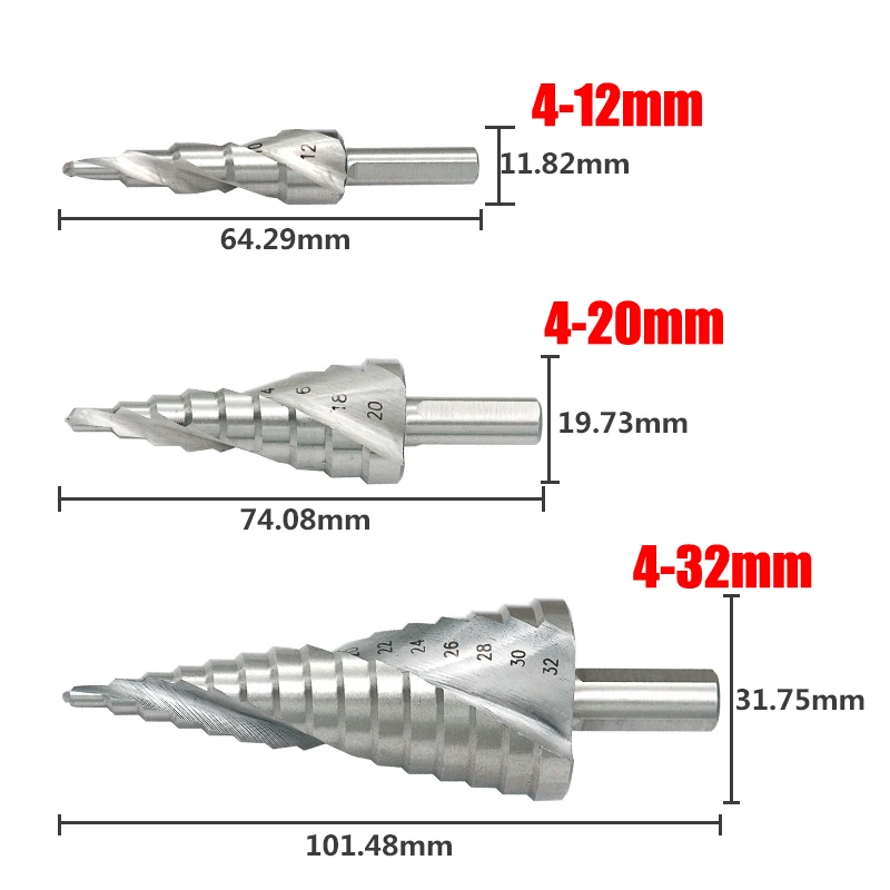 3pcs HSS 4241 HSS spiral flute step Drill Bit Set core drill bit cone