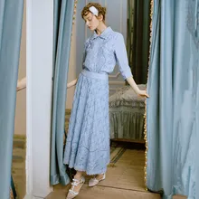 LYNETTE’S CHINOISERIE Spring summer exquisite embroidery fashion fresh denim blue a expansion bottom half-length skirt