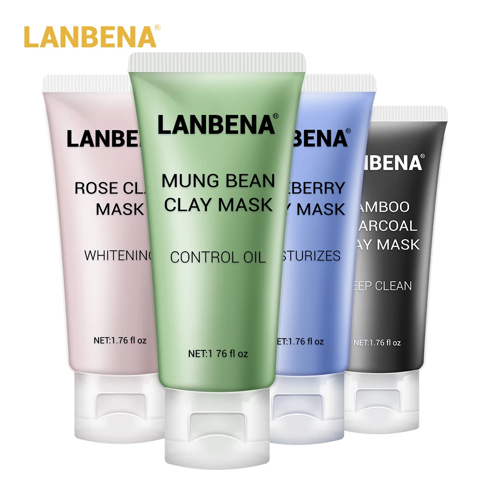 

LANBENA Mung Bean Clay Face Mask+Bamboo Charcoal+Blueberry+Rose Deep Cleaning Remove Grease Ageless Shrinks Pores Skin Care 4PCS