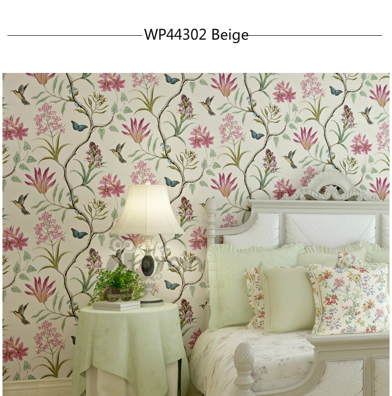 Обои шинуазри, спальни, покрывающий современный Винтажный Розовый цветочный обои, синие тропические бабочки, птицы, обои с цветами