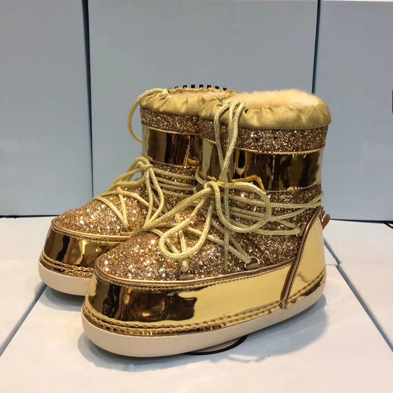 

Warm Snow Boots Sequined Cloth Decor Lace Up Short Booties Brand Ankle Boots Round Toe Patent Leather Chic Winter Women Shoes